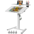 28Inch Mobile Standing Desk On Wheels， Rolling Laptop Stand with Tiltable Desktop， Small Computer Workstation Adjustable Height， 2-Tier Portable Study Table with Storage Shelves， White