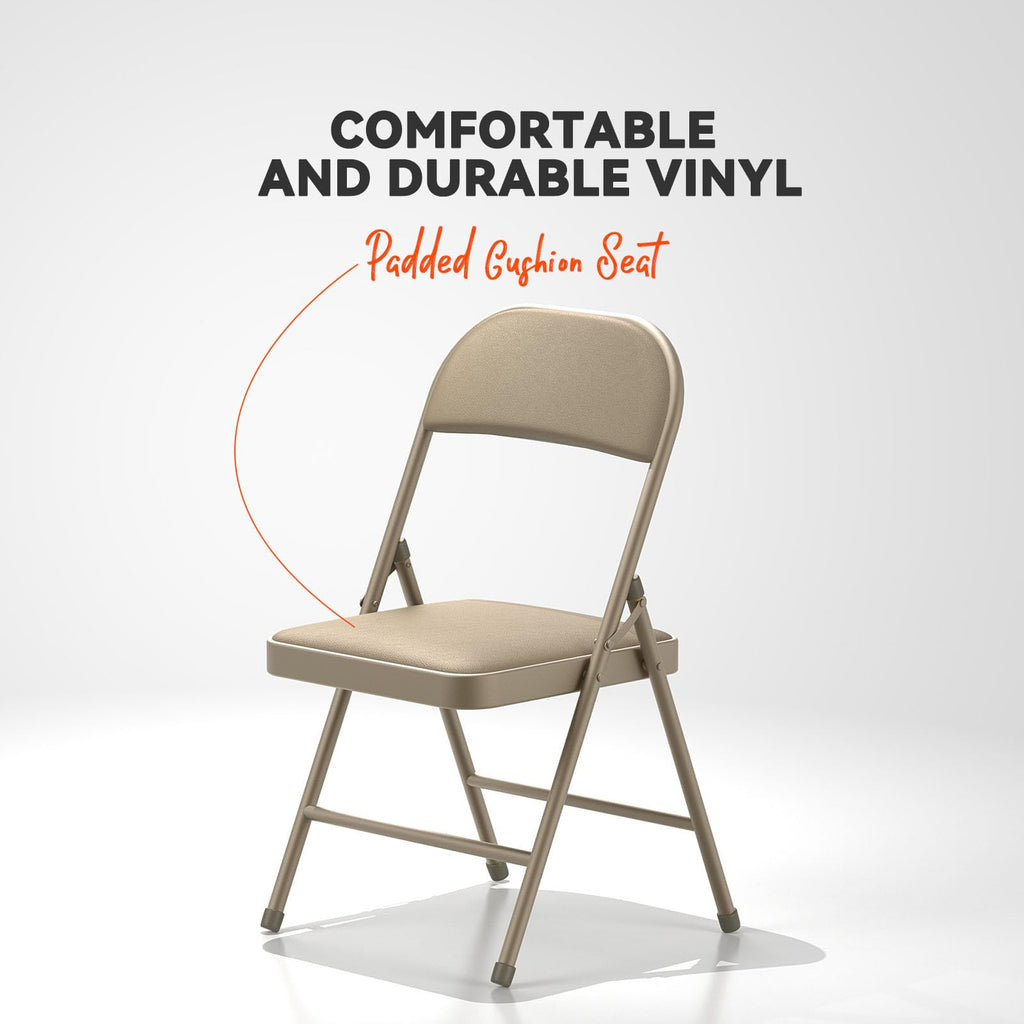 4 Pack Folding Chairs with Padded Vinyl Cushion Chairs with Comfortable Cushion and Durable Steel Frame for Home and Office, for Indoor and Outdoor Events (Kahki, Vinyl)