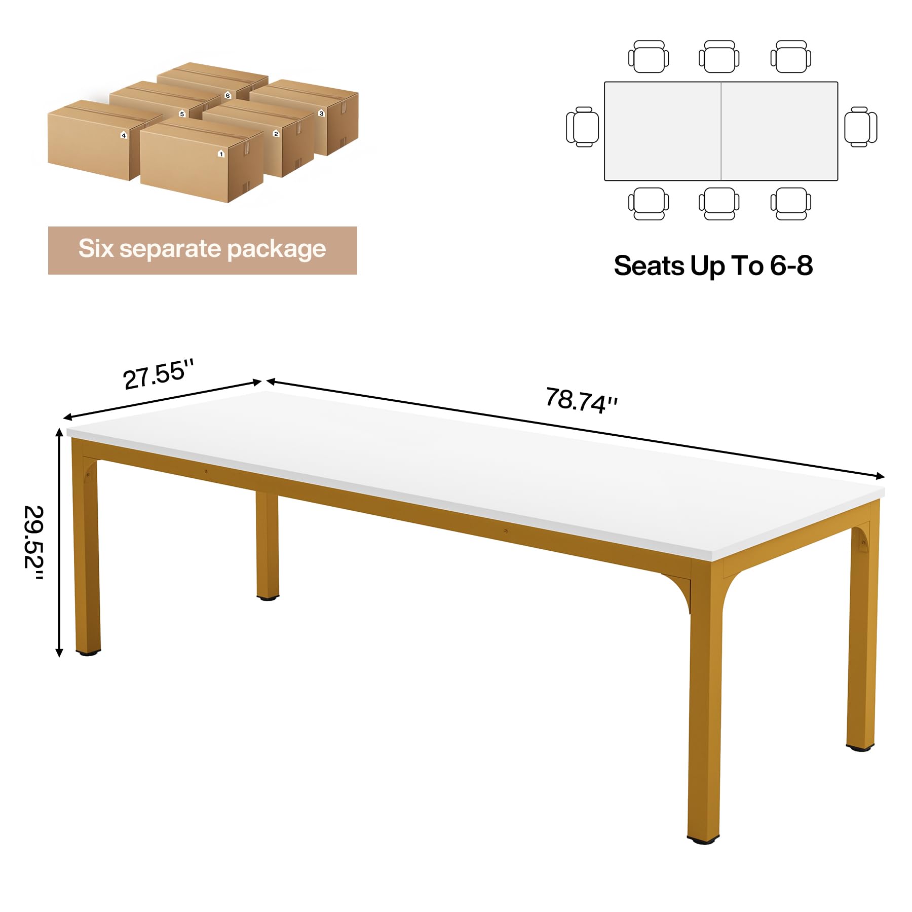6.5 FT Conference Room Table, 78.74" W x 27.56" D Large Office Conference Table, Modern Seminar Meeting Table Desk for Boardroom, Meeting Room (2, White and Gold)