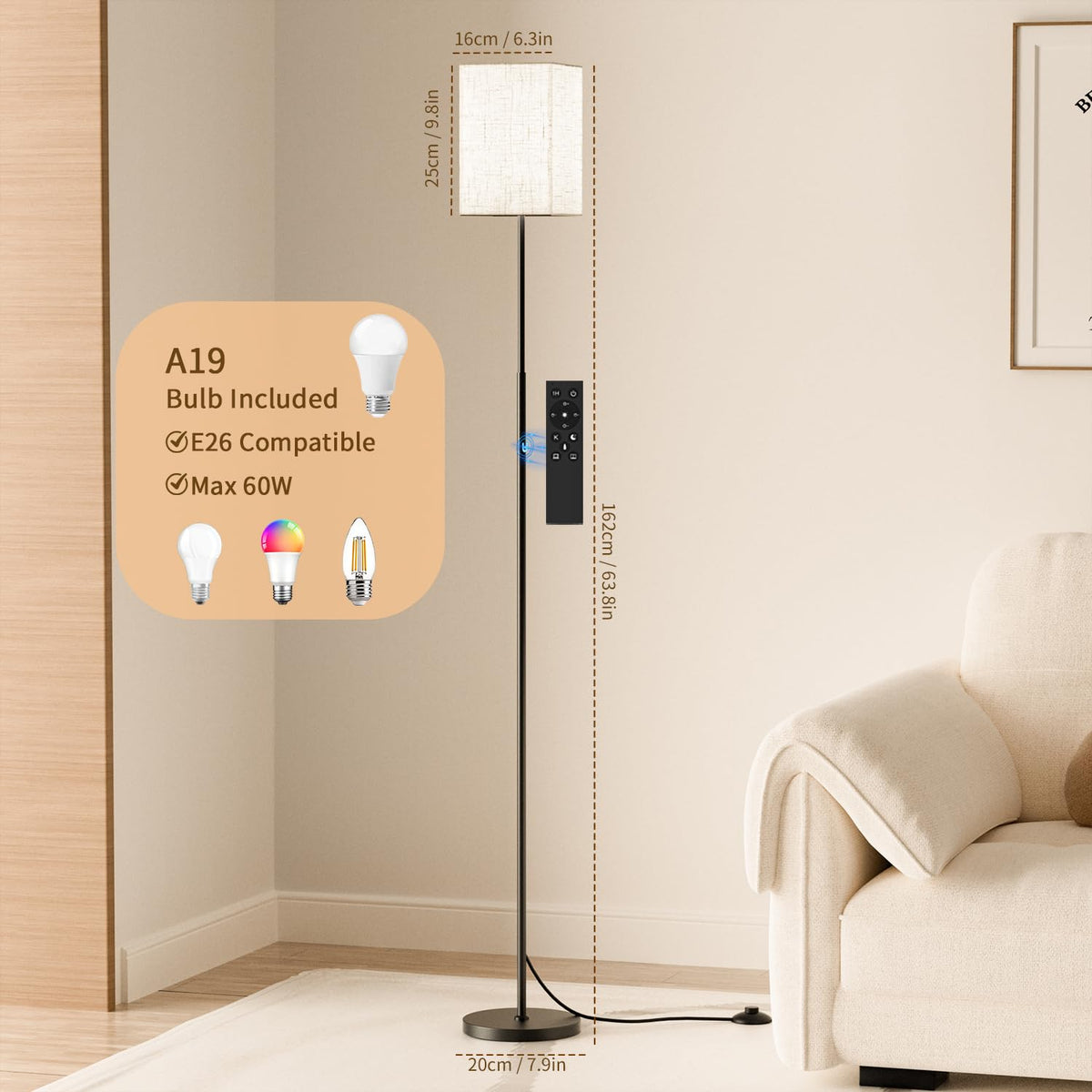 63.8" Square Floor Lamp with White Linen Shade
