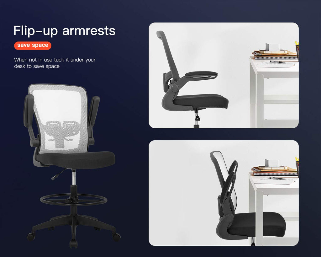 Drafting Chair Tall Office Chair Adjustable Height with Lumbar Support Arms Footrest Mid Back Standing Desk Chair with Swivel Rolling Mesh Stool White