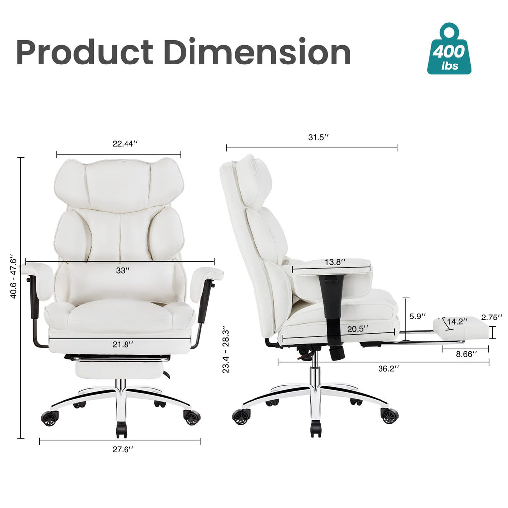 Home Office Desk Chair Comfy with Foot Rest, PU Leather Ergonomic Big and Tall High Back Support, 360° Swivel Wheels, Armrests and Detachable Pillow, Height Adjustable, White