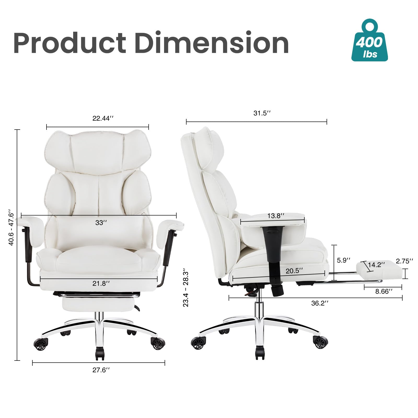 Home Office Desk Chair Comfy with Foot Rest, PU Leather Ergonomic Big and Tall High Back Support, 360° Swivel Wheels, Armrests and Detachable Pillow, Height Adjustable, White