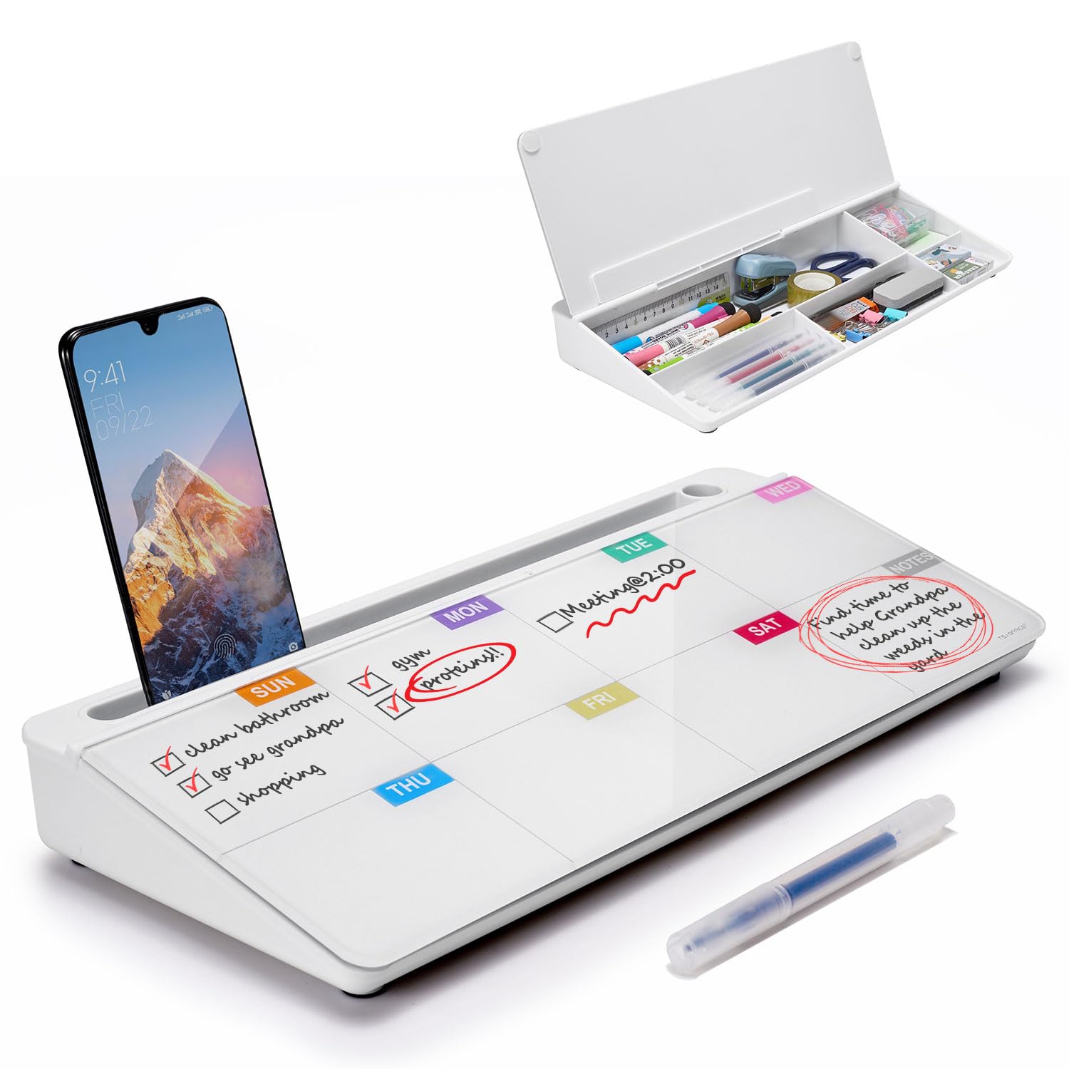 Whiteboard Weekly Dry-Erase-Board - Desktop White Board Calendar Desk Organizers with Accessories Computer Keyboard Stand with Drawer, for Office, Home, School Supplies - White Calendar