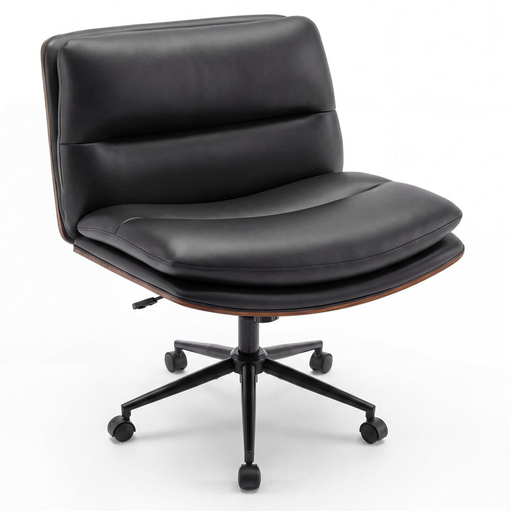 Armless Office Chair with Wheels, PU Leather Height Adjustable Vanity Chair w/Curved Backrest, Mid-Back Criss Cross 360° Swivel Ergonomic Computer Desk Chair for Home Office & Bedroom (Black)