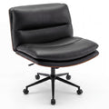 Armless Office Chair with Wheels, PU Leather Height Adjustable Vanity Chair w/Curved Backrest, Mid-Back Criss Cross 360° Swivel Ergonomic Computer Desk Chair for Home Office & Bedroom (Black)