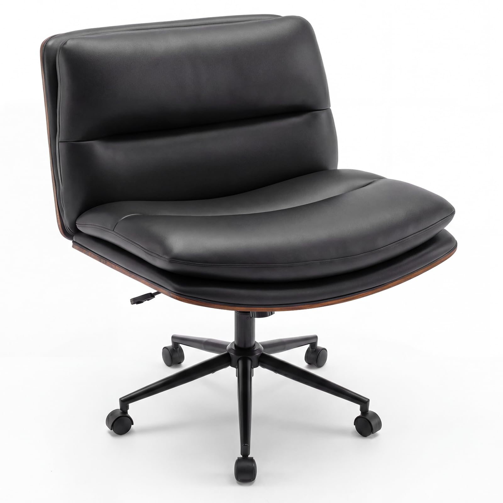 Armless Office Chair with Wheels, PU Leather Height Adjustable Vanity Chair w/Curved Backrest, Mid-Back Criss Cross 360° Swivel Ergonomic Computer Desk Chair for Home Office & Bedroom (Black)
