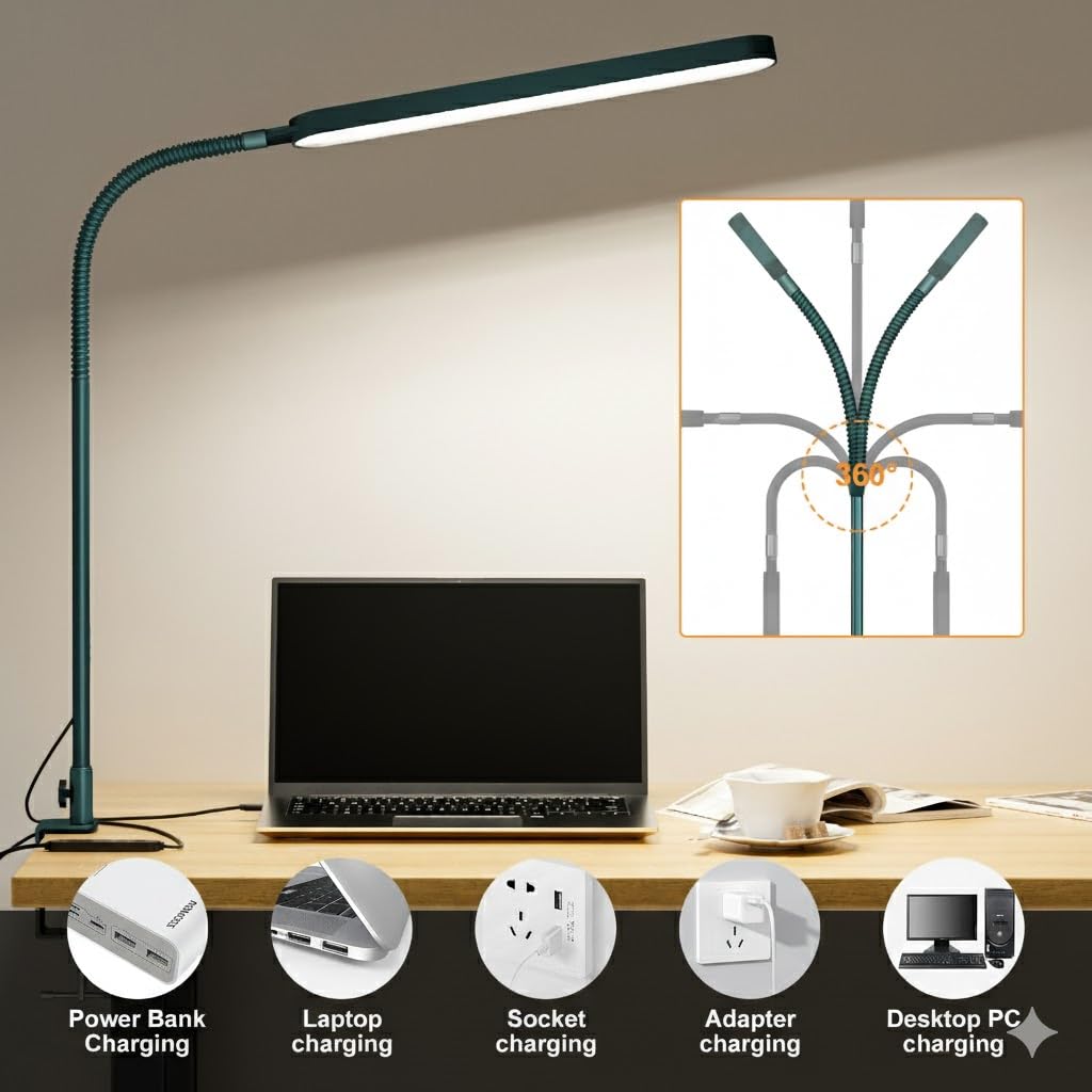 LED Desk Lamp - Desk Light for Office - Flexible Gooseneck - 5 Color Modes X 11 Brightness Levels - 1300LM - Timmer & Memory Function - 12W Clip on Light - Green