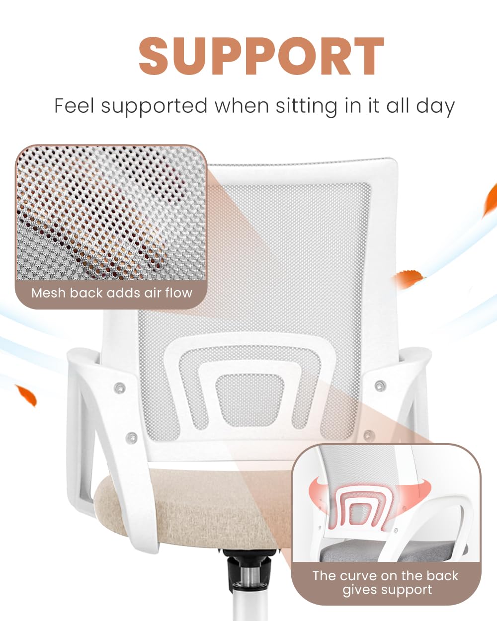 Office Desk Computer Chair Ergonomic Mesh Gaming Cushion Seat with Comfy Lumbar Mid Back Support Adjustable Height Swivel Rolling Wheels for Home Task (Beige)