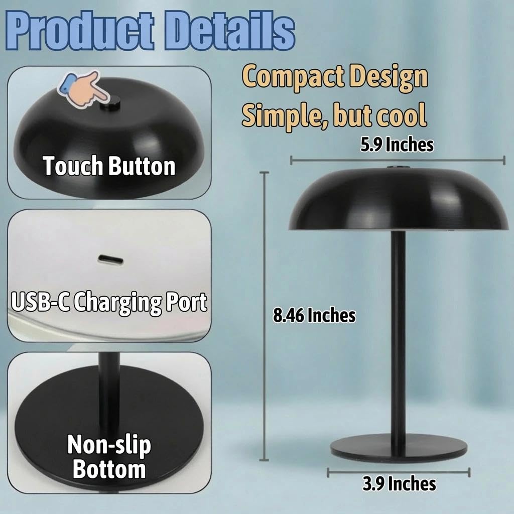 2 Pack Portable LED Mushroom Table Lamp, Metal Cordless Desk Night Light, Stepless Dimming Touch Lamp with 3 Colors for Bedroom Bedside Restaurant Bar, Black