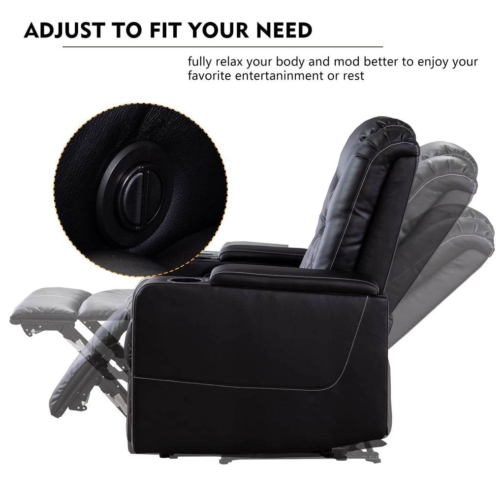 Electric Power Recliner Chair with USB Ports and Cup Holders, Breathable Leather Seating with Hidden Arm Storage (Black)