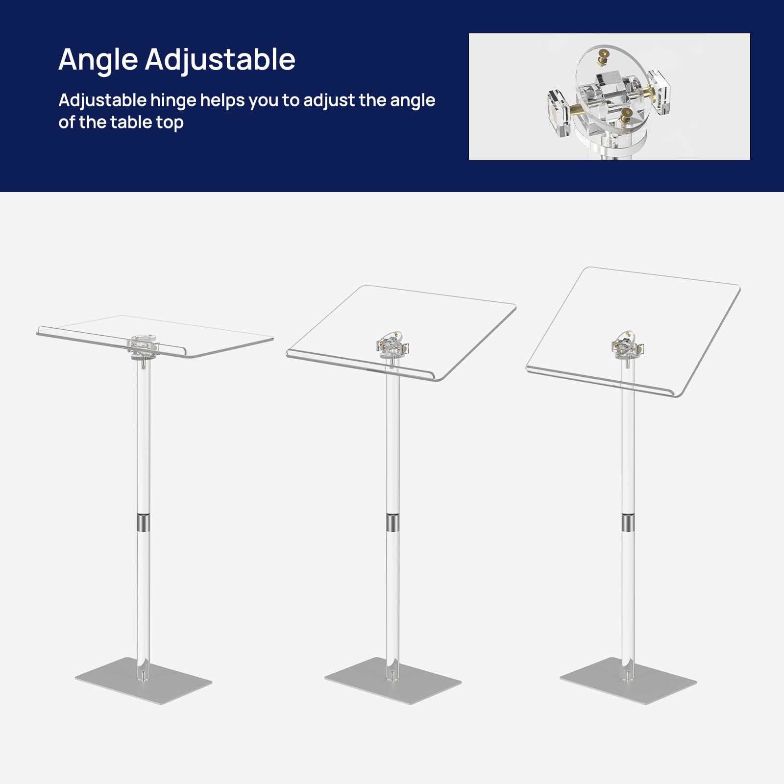 Acrylic Podium Stand, Angle Adjustable, Modern Lecterns & Pulpits for Classroom, Concert, Church, Speech, Easy Assembly, Metal Base, 23.6" L x 15.7" W x 42.3" H, Clear