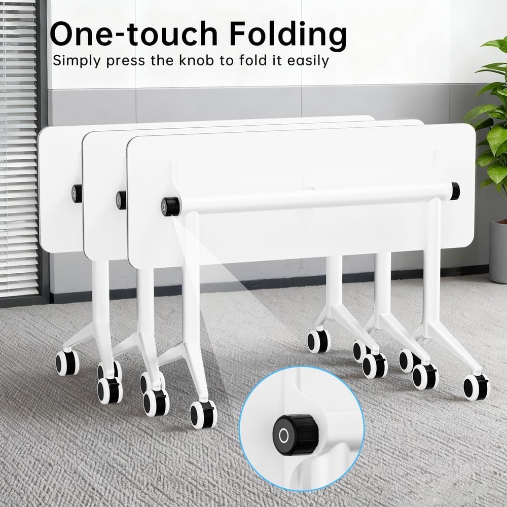 55″ Flip Top Training Table with Lockable Wheels, Mobile Nesting Folding Conference Table, Space Saving Seminar Desk for Classroom, Office, Library (8, White, 55"×20"×30")