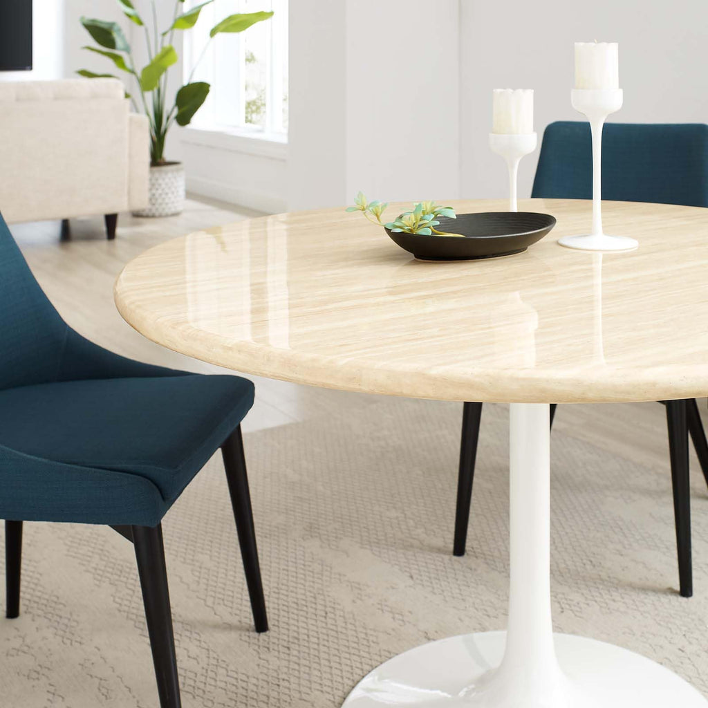 Modway Lippa 48" Round Artificial Dining Table with Tapered, Metal Base, White Travertine