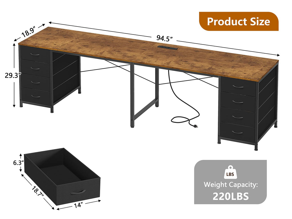 95'' Two Person Desk with 8 Drawers, Long Office Desk with Charging Station, 2 Person Desks Double Desk Writing Study Table for Home Office, Brown and White, Brown and Black