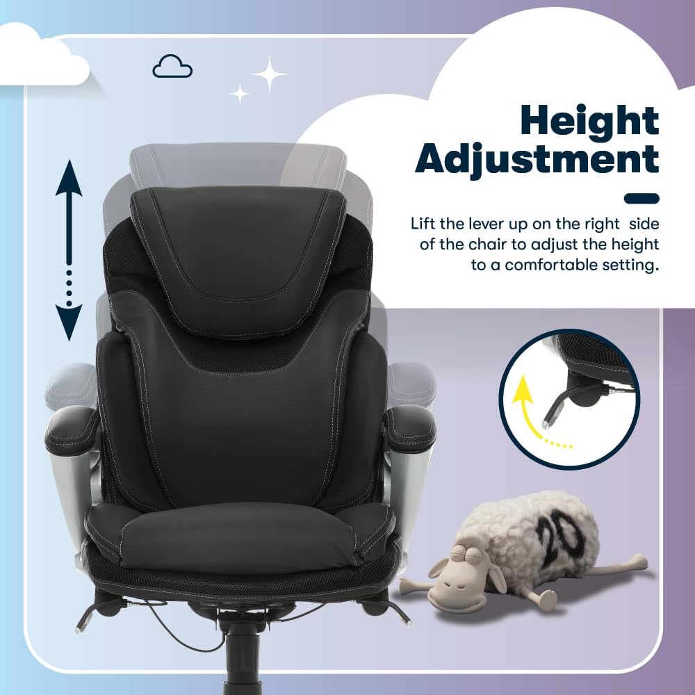 Executive Office Chair, Ergonomic Computer Desk Chairs with Patented AIR Lumbar Support, Comfy Body Pillows, Height Adjustable, Swivel Base with Wheels, Bonded Leather, Black