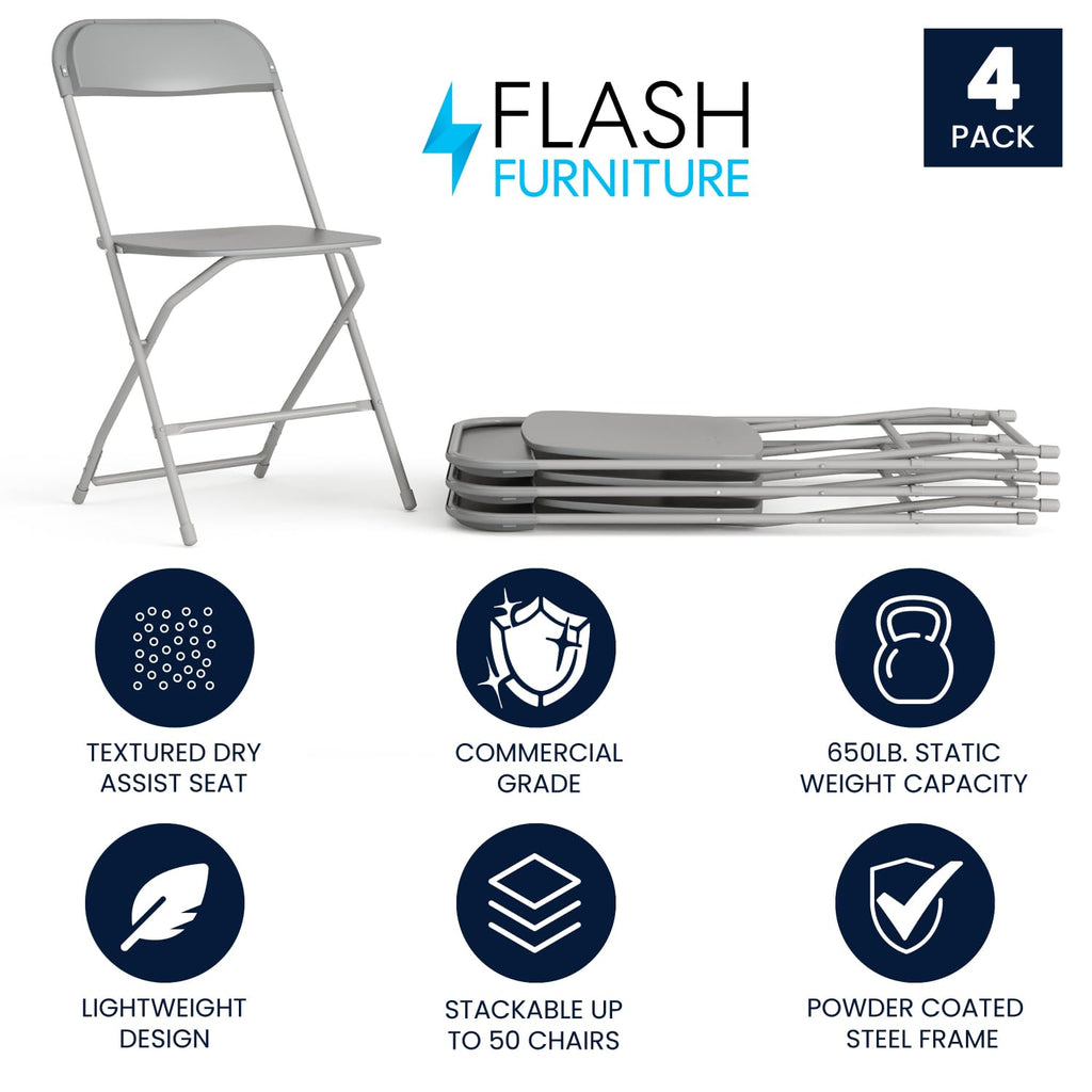 4 Pack, Hercules Series Plastic Folding Chair - Grey - 650LB Weight Capacity Comfortable Event Chair-Lightweight Folding Chair