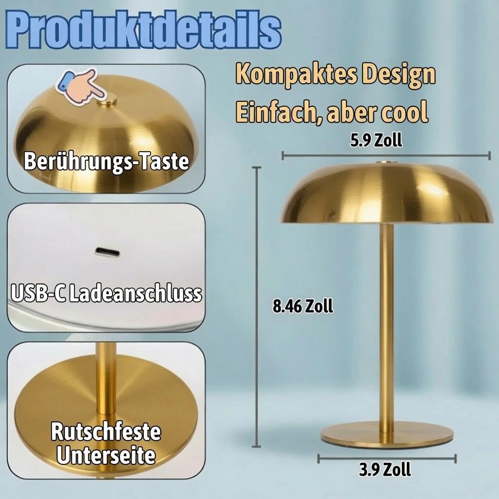 2 Pack Portable LED Mushroom Table Lamp, Metal Cordless Desk Night Light, Stepless Dimming Touch Lamp with 3 Colors for Bedroom Bedside Restaurant Bar, Golden