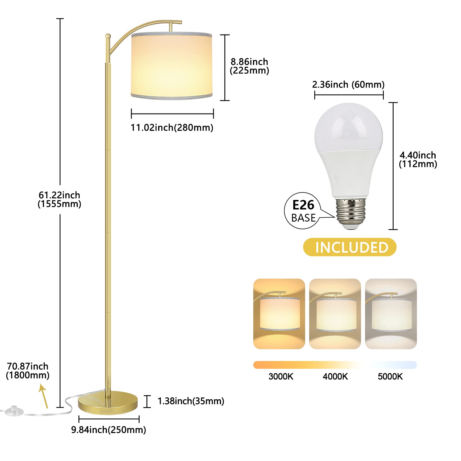 Floor Lamp for Living Room with 3 Color Temperatures LED Bulb, Standing Lamp Tall Industrial Floor Lamp Reading for Bedroom, Office (9W LED Bulb, White Lampshade Included) -Gold