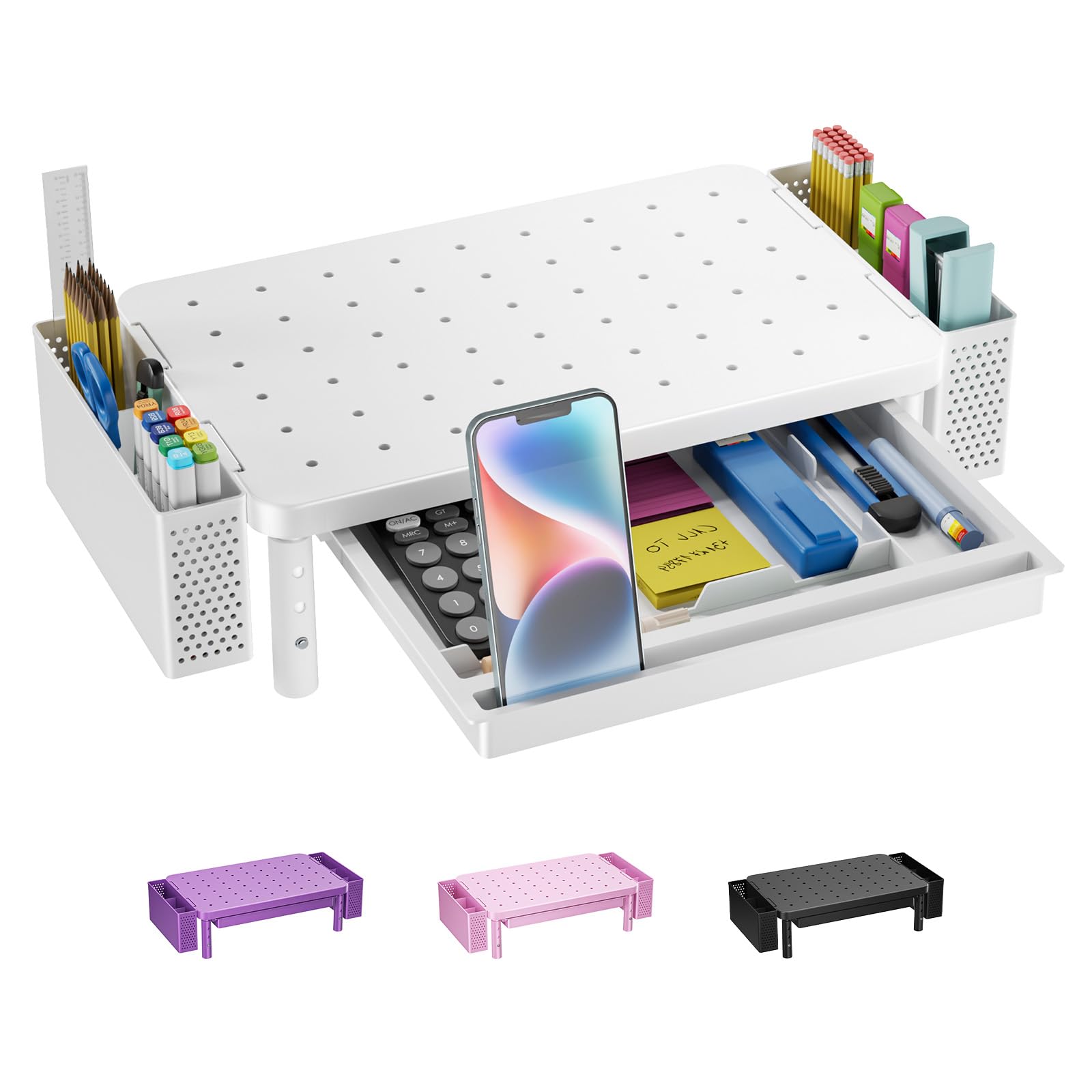 Computer Monitor Stand with Storage, Desk Organizer with Drawer and Pen Holder, Desk Monitor Riser 3 Height Adjustable, Laptop Riser for Computer, Laptop, Printer(PTT003-W), 1 Pack, White
