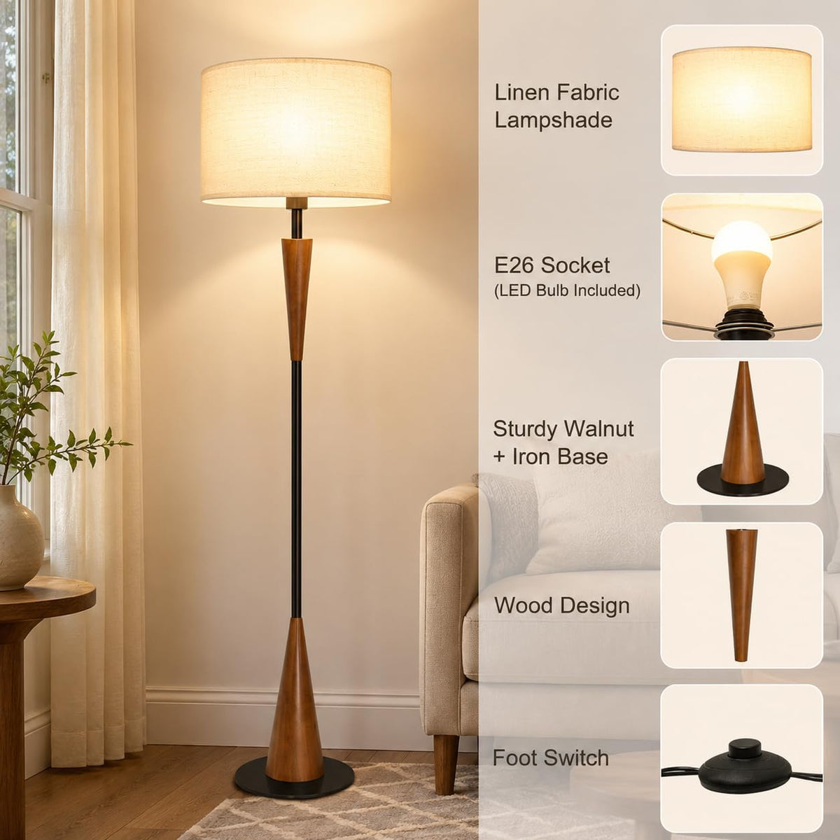 Floor Lamps for Living Room,61.5" Wood Floor Lamp,Retro Farmhouse Standing Lamp Includes 9W Bulb with 3-Color Temperature,Tall Lamp for Bedroom,Dining Room,Living Room,Corner,Brown