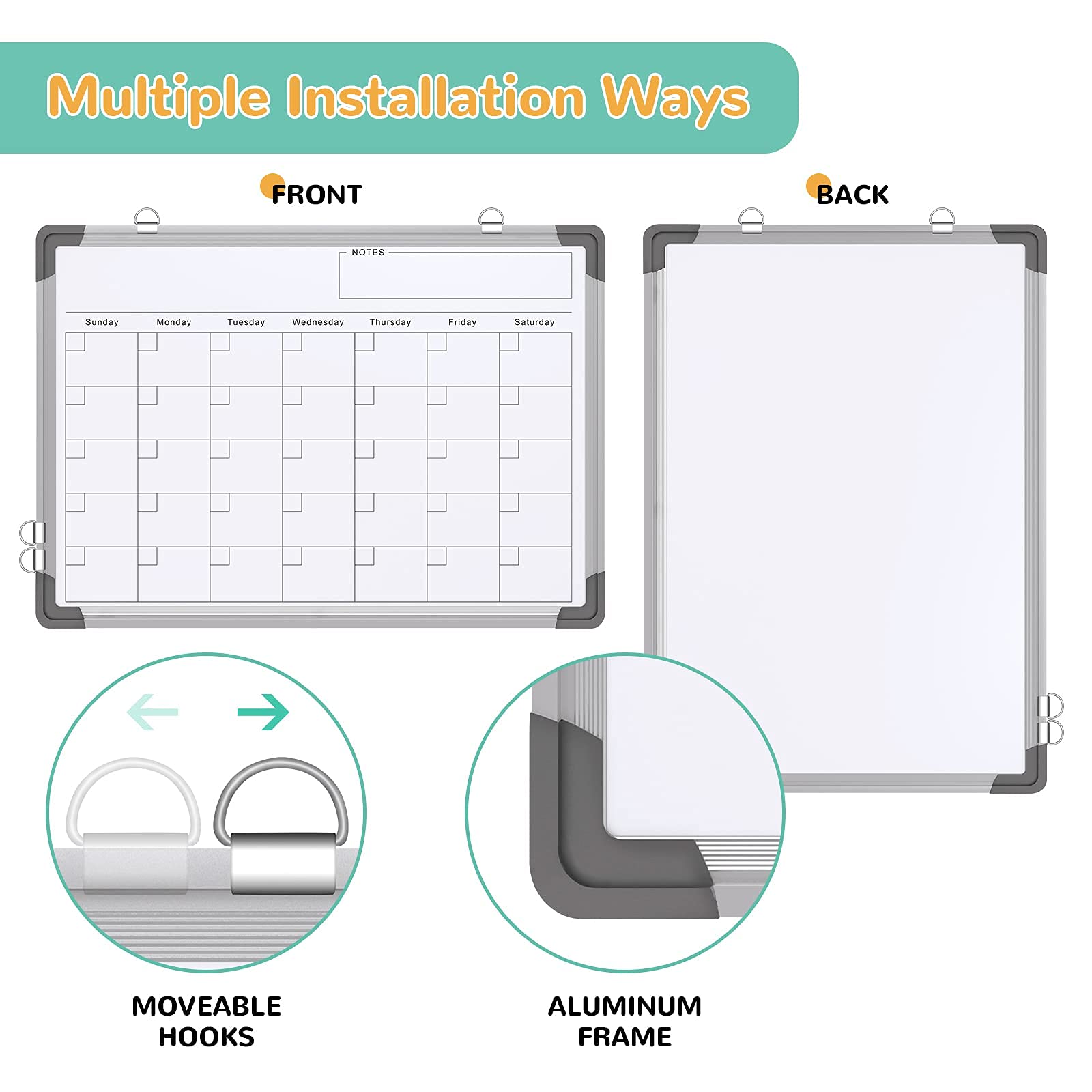 Monthly Calendar Whiteboard for Wall, 16x12 Inches Dry Erase Board, Small Magnetic White Board, Double-Sided Hanging Board for Office School Home Kitchen, Portable Board for Drawing Planning Memo