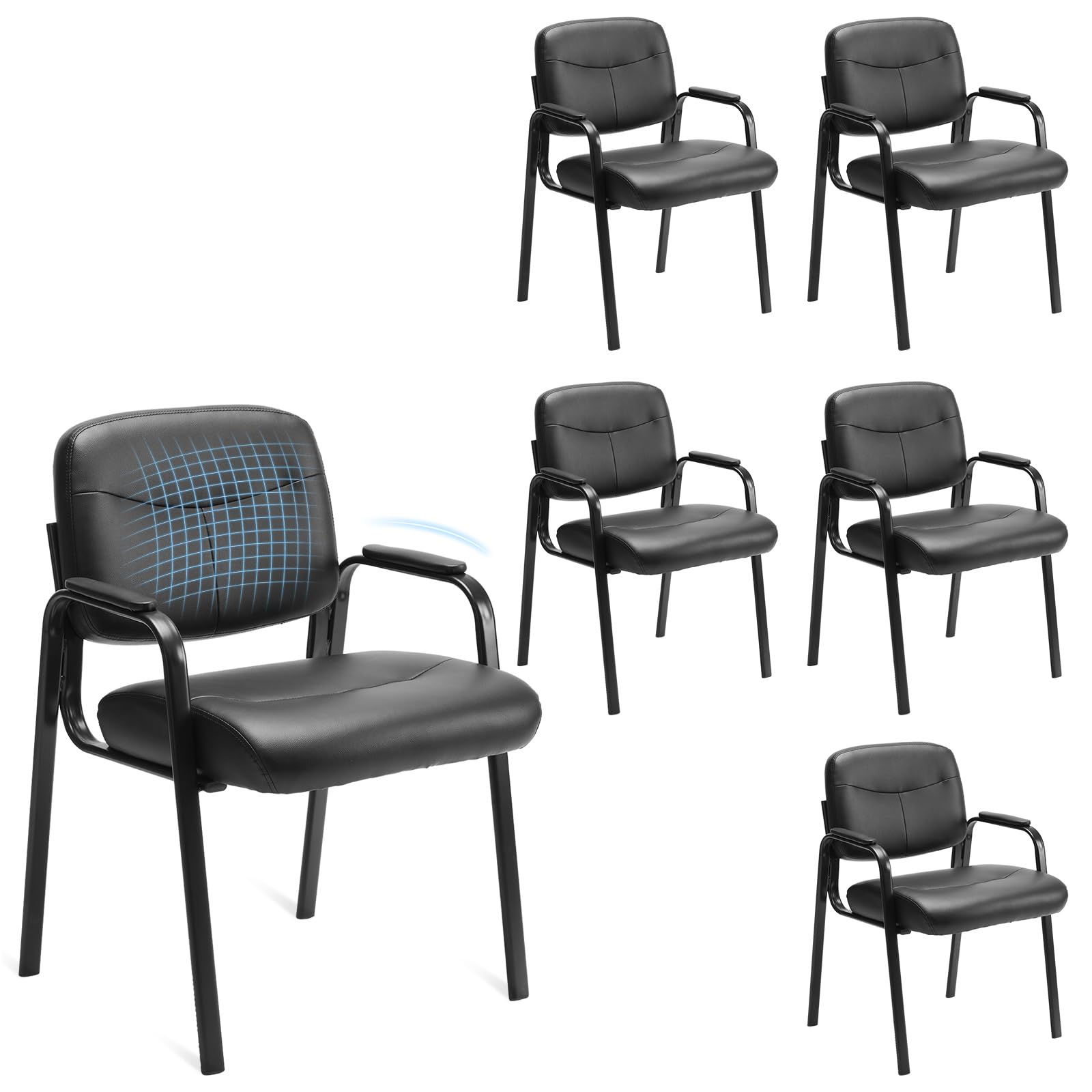 Set of 6, Office Reception Guest Chair No Wheels Leather Stationary Waiting Room Chairs with Padded Arms for Elderly Desk Conference Room Lobby Table Side Salon