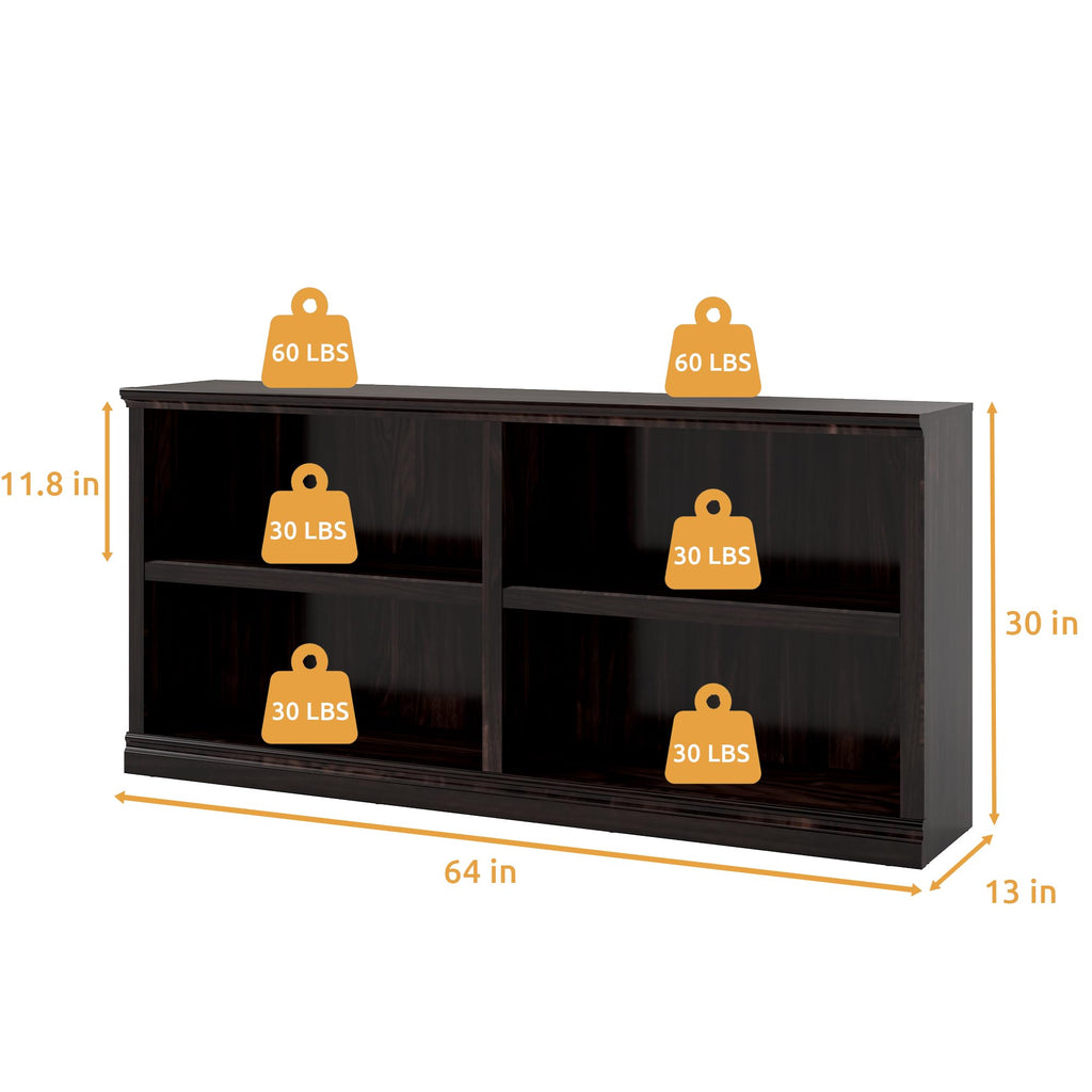 64" W Double Wide Horizontal Bookshelf, 2 Tiers 4 Storage Cube Book Case