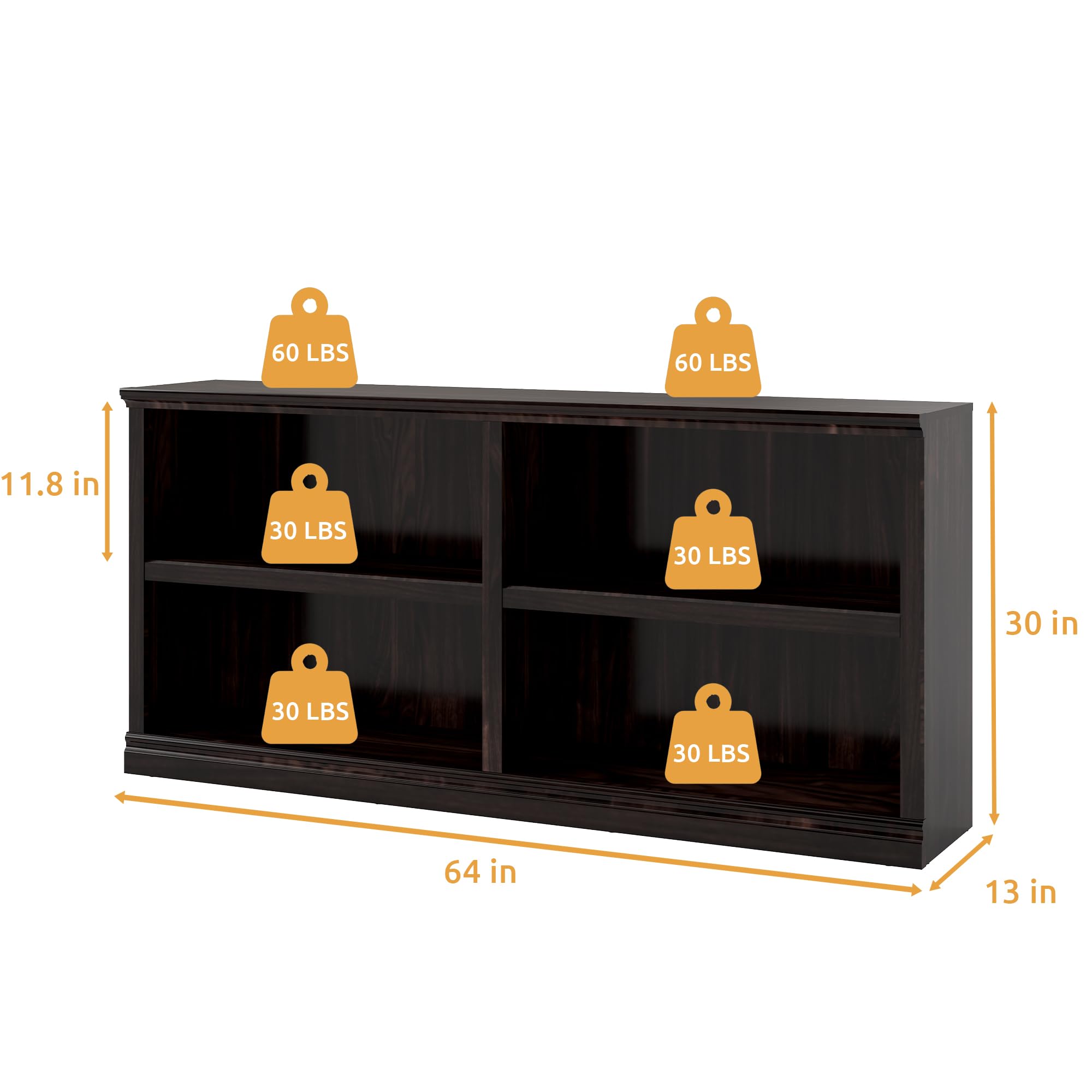 64" W Double Wide Horizontal Bookshelf, 2 Tiers 4 Storage Cube Book Case