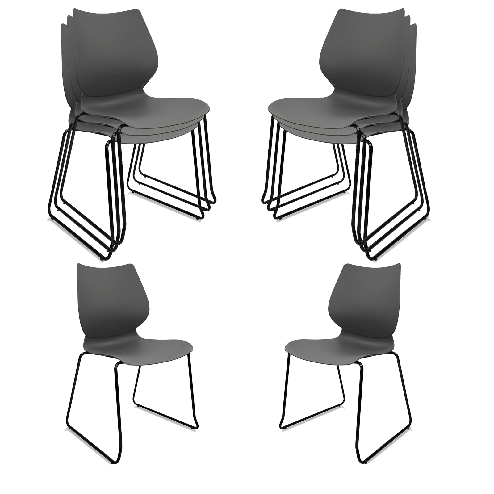 Set of 8, Stacking Waiting Room Chairs, Stacked Plastic Office Chair with Ergonomic Lumbar Support and Metal Legs for Conference School Church Guest Reception, Grey