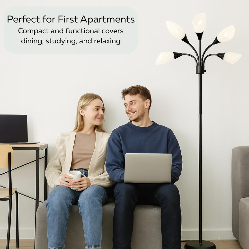 Multi-Head 5-Light Floor Lamp, Adjustable Standing Lamp with 3-Mode Switch, White Acrylic Shades, Black Finish, Perfect Floor Lamps for Living Room & Bedroom Room Lights
