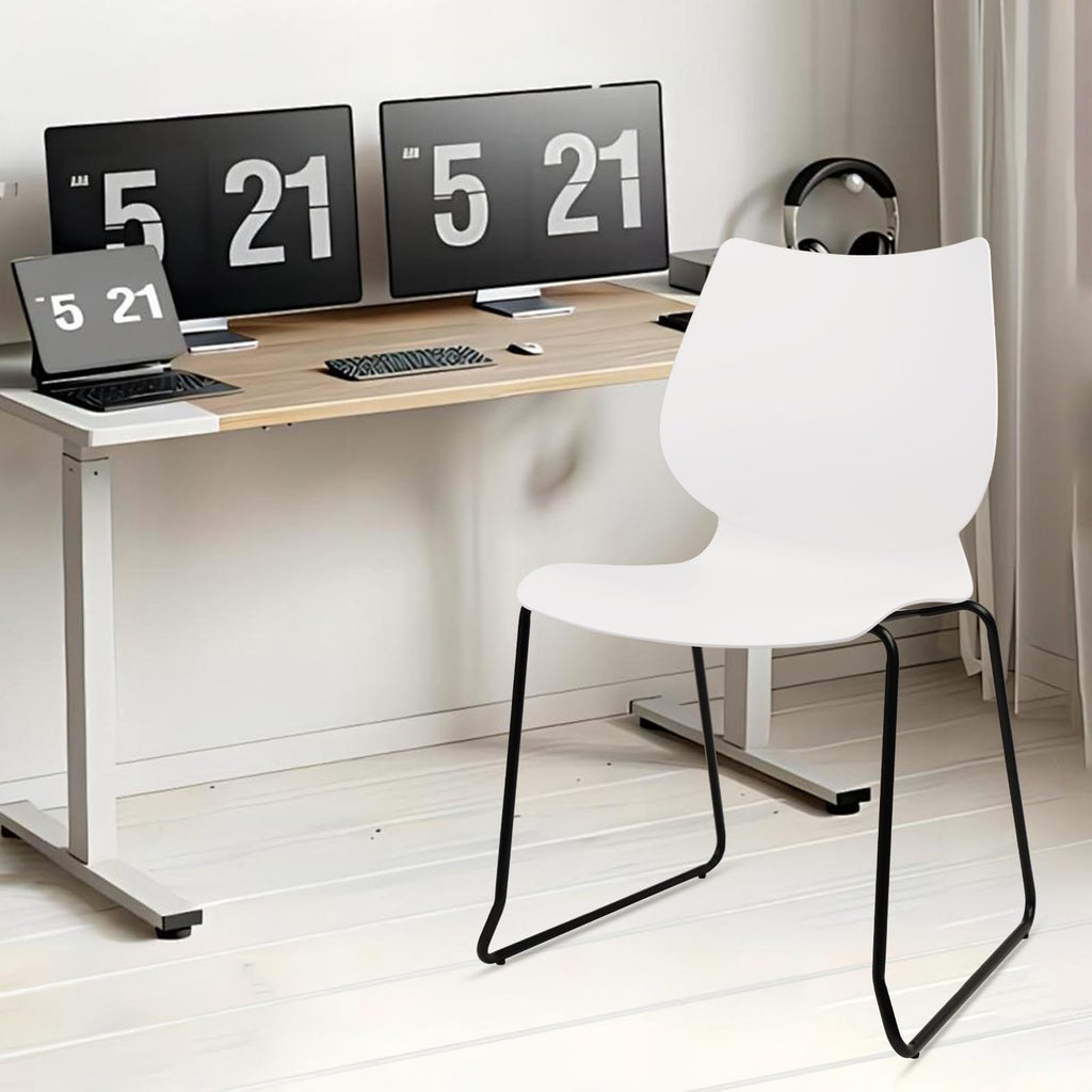 Set of 12, Stackable Waiting Room Chair, Stacking Office Chair with Ergonomic Lumbar Support and Metal Legs, Plastic Desk Chairs for Conference School Church Guest Reception ,White