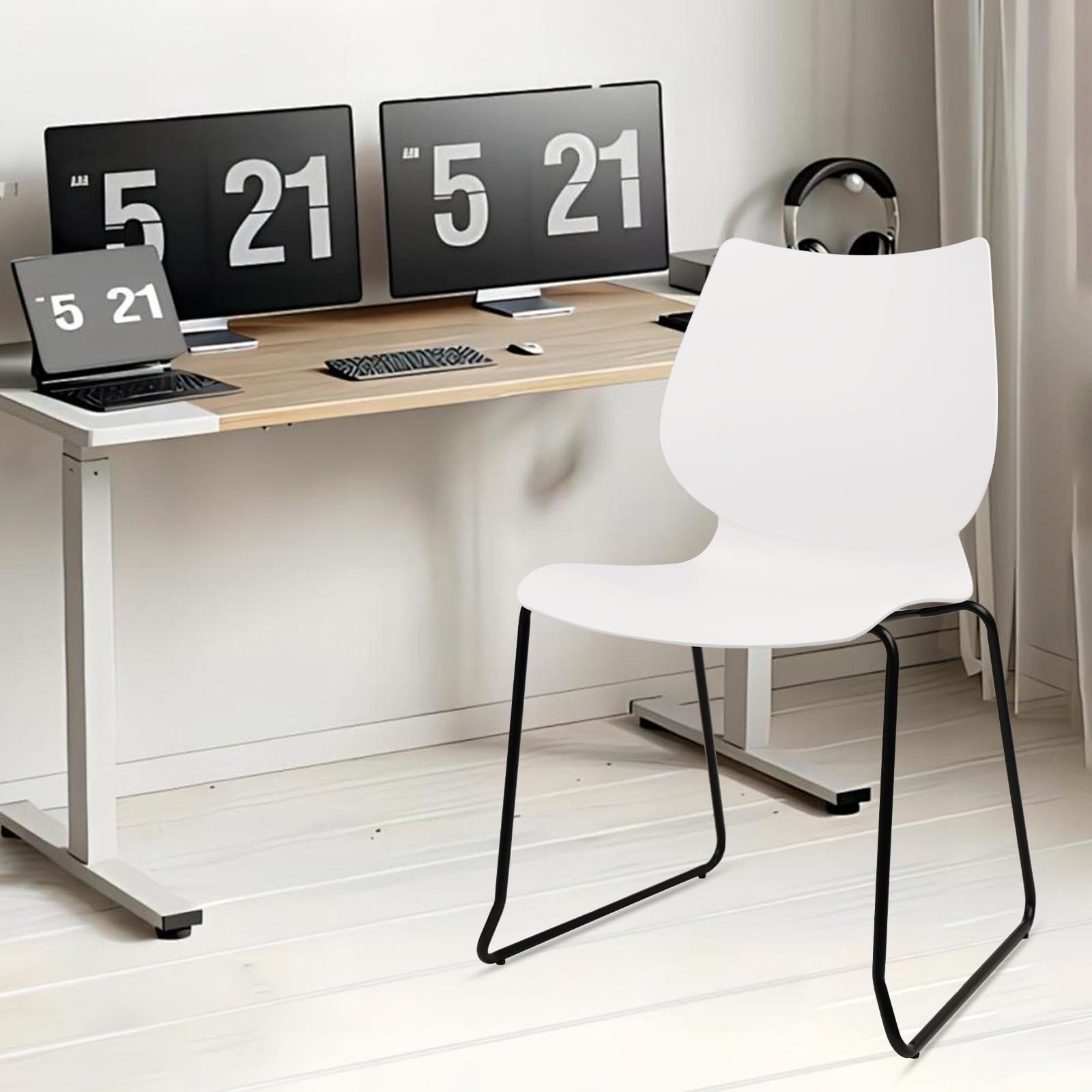 Set of 12, Stackable Waiting Room Chair, Stacking Office Chair with Ergonomic Lumbar Support and Metal Legs, Plastic Desk Chairs for Conference School Church Guest Reception ,White