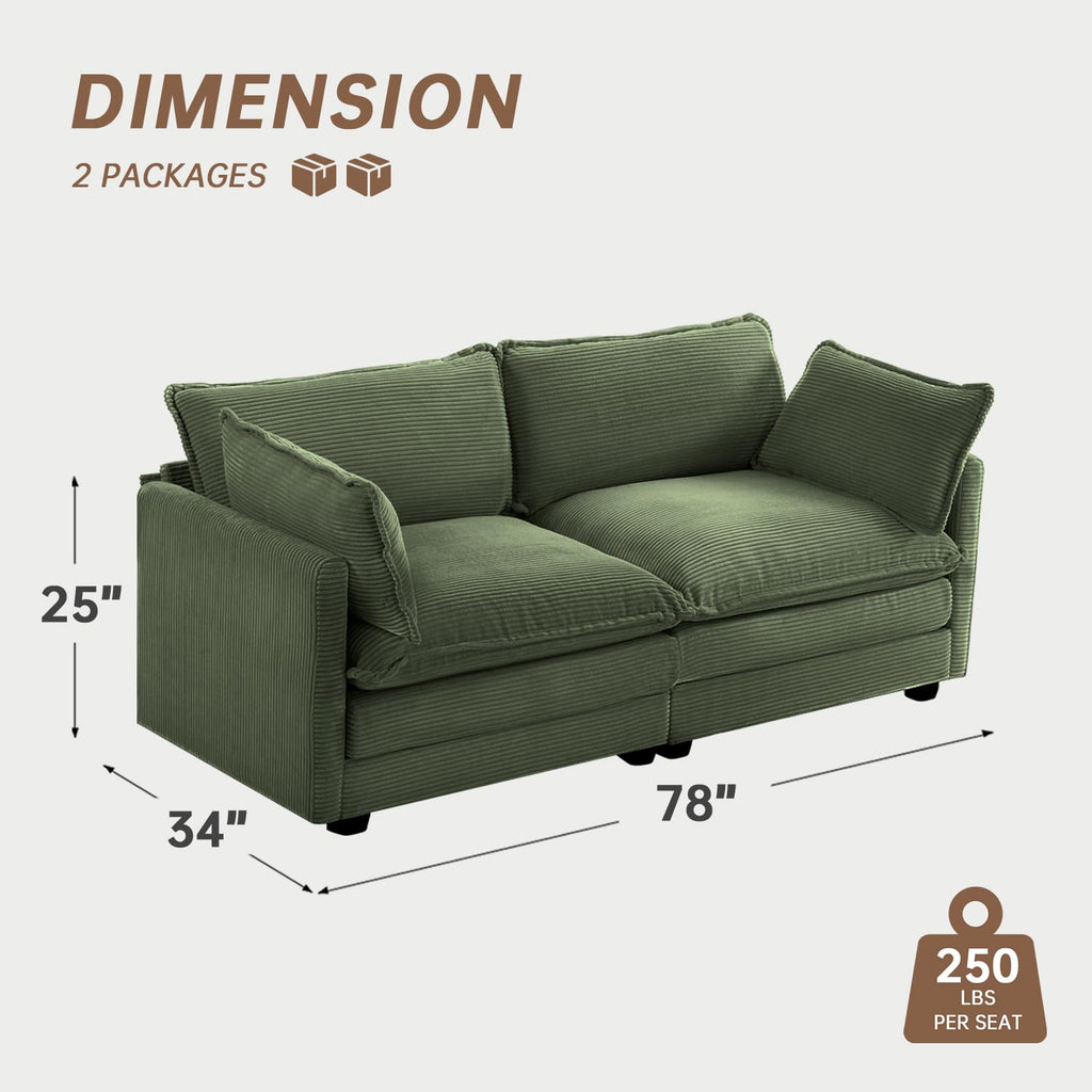 Sectional 2 Seat Cloud Loveseat with 2 Throw Pillows, Modern Corduroy Love Seat Sleeper Bed, Convertible Cozy Sofa for Living Room and Office, Green