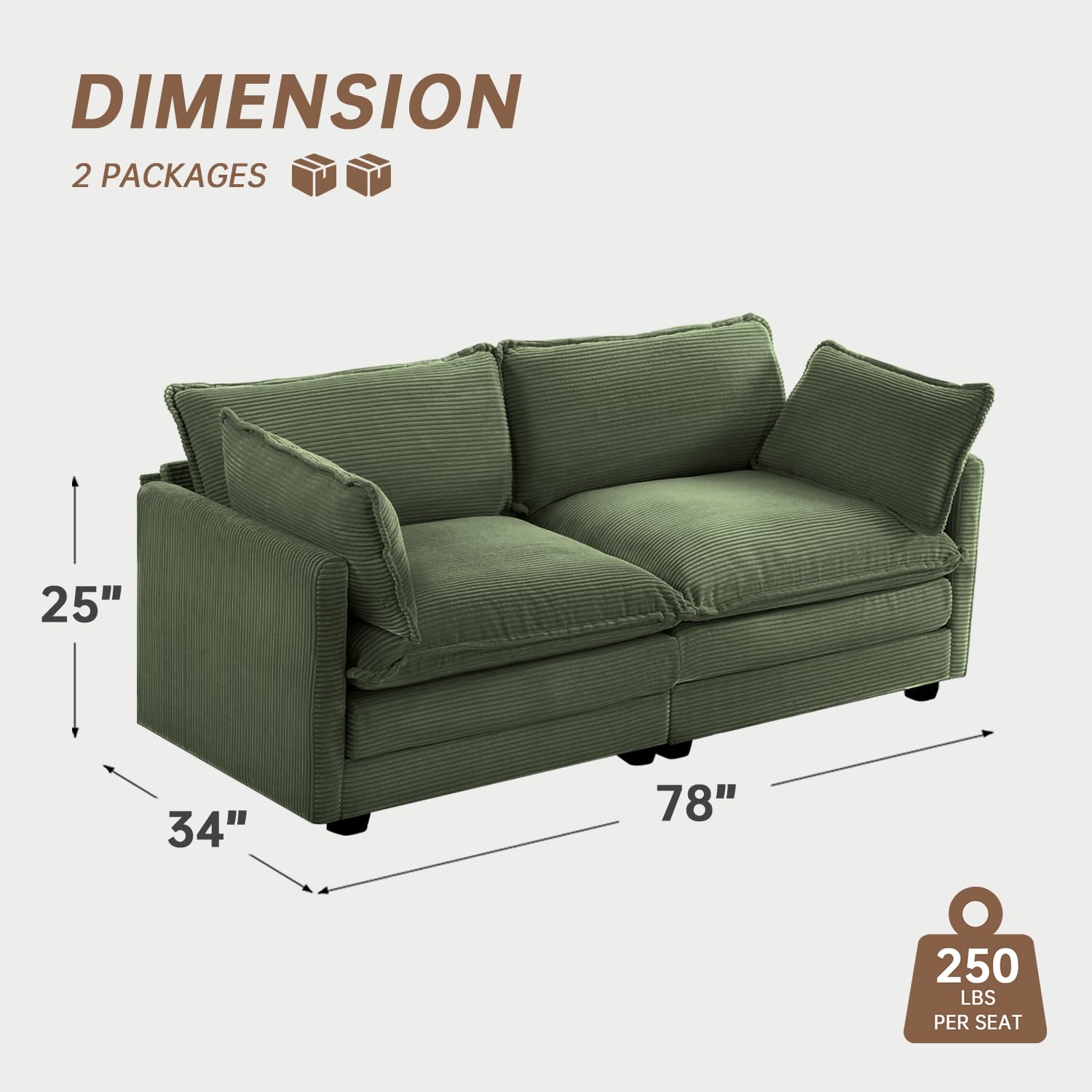 Sectional 2 Seat Cloud Loveseat with 2 Throw Pillows, Modern Corduroy Love Seat Sleeper Bed, Convertible Cozy Sofa for Living Room and Office, Green