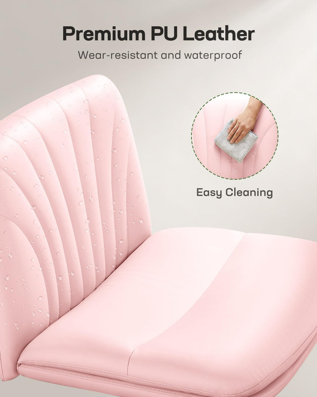 Armless-Office Desk Chair with Wheels: PU Leather Cross Legged Wide Chair,Comfortable Adjustable Swivel Computer Task Chairs for Home,Office,Make Up,Small Space,Bed Room, Pink
