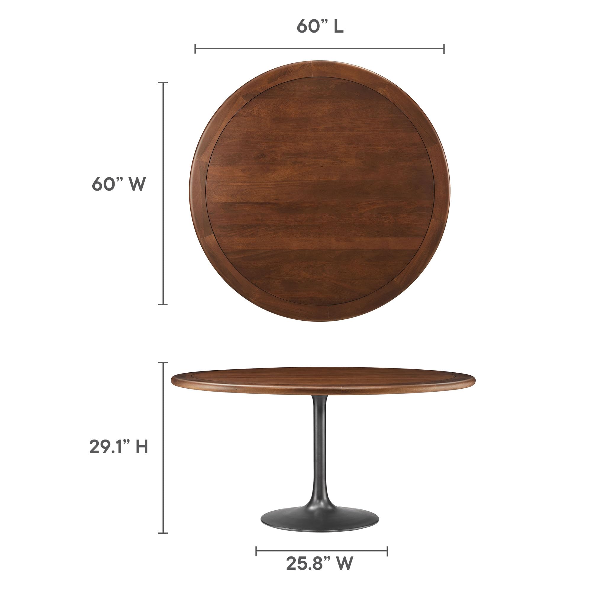 Modway Lippa 60 Inch Round Wood Dining Table with Metal Pedestal in Black Walnut - Modern Industrial Dining Table for 6 People - Solid Wood Tulip Kitchen Table