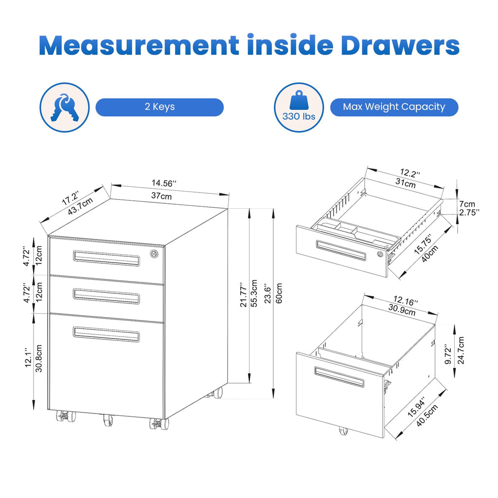 3 Drawer Metal Rolling File Cabinet Under Desk Filing Cabinet Grey
