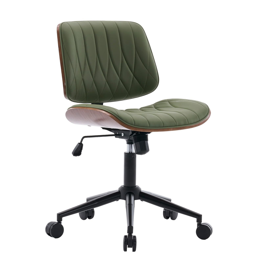 Armless Leather Desk Chair - Modern Office Chair no Arms, Vanity Chair, Mid Century PU Leather Task Chairs, Desk Chairs for Home Small Space, Dorm, Adjust Height Swivel with Wheels, Green