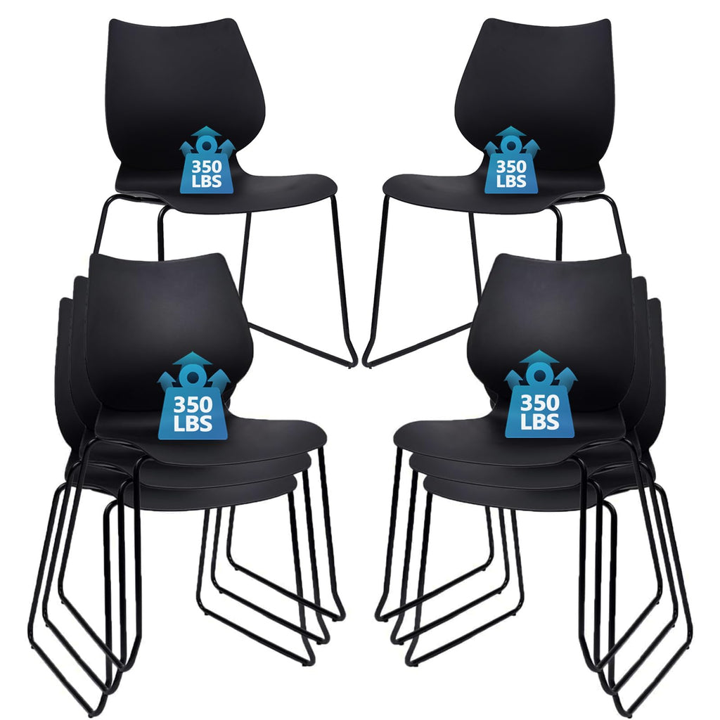 Set of 8, Stackable Waiting Room Chair, Stacking Office Chair with Ergonomic Lumbar Support and Metal Legs, Plastic Desk Chairs for Conference School Church Guest Reception, Black