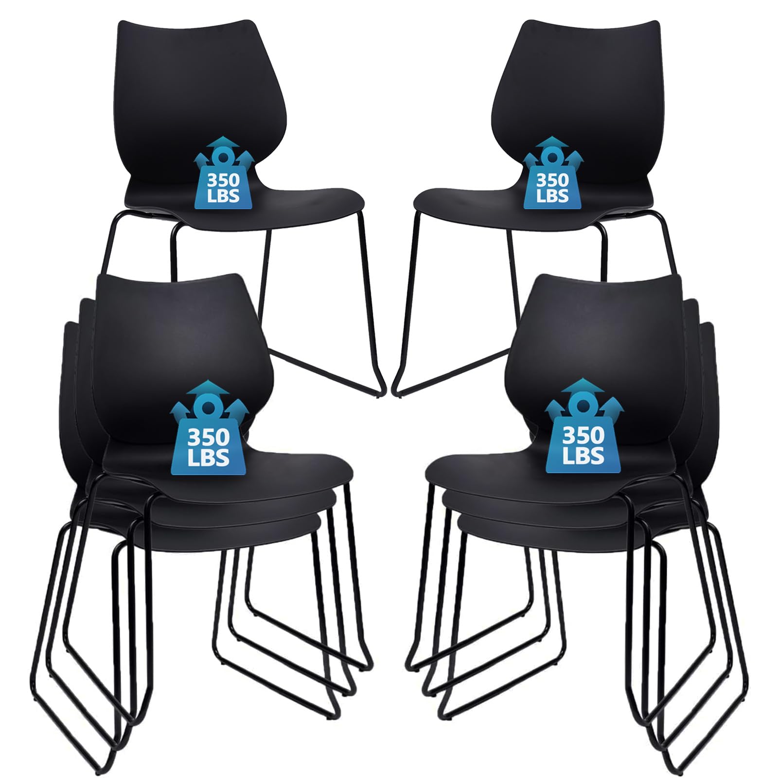 Set of 8, Stackable Waiting Room Chair, Stacking Office Chair with Ergonomic Lumbar Support and Metal Legs, Plastic Desk Chairs for Conference School Church Guest Reception, Black