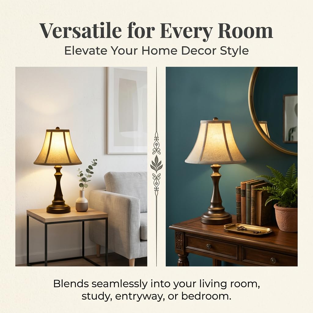 Traditional Table Lamp, Brown Vintage Desk Lamp with Fabric Shade