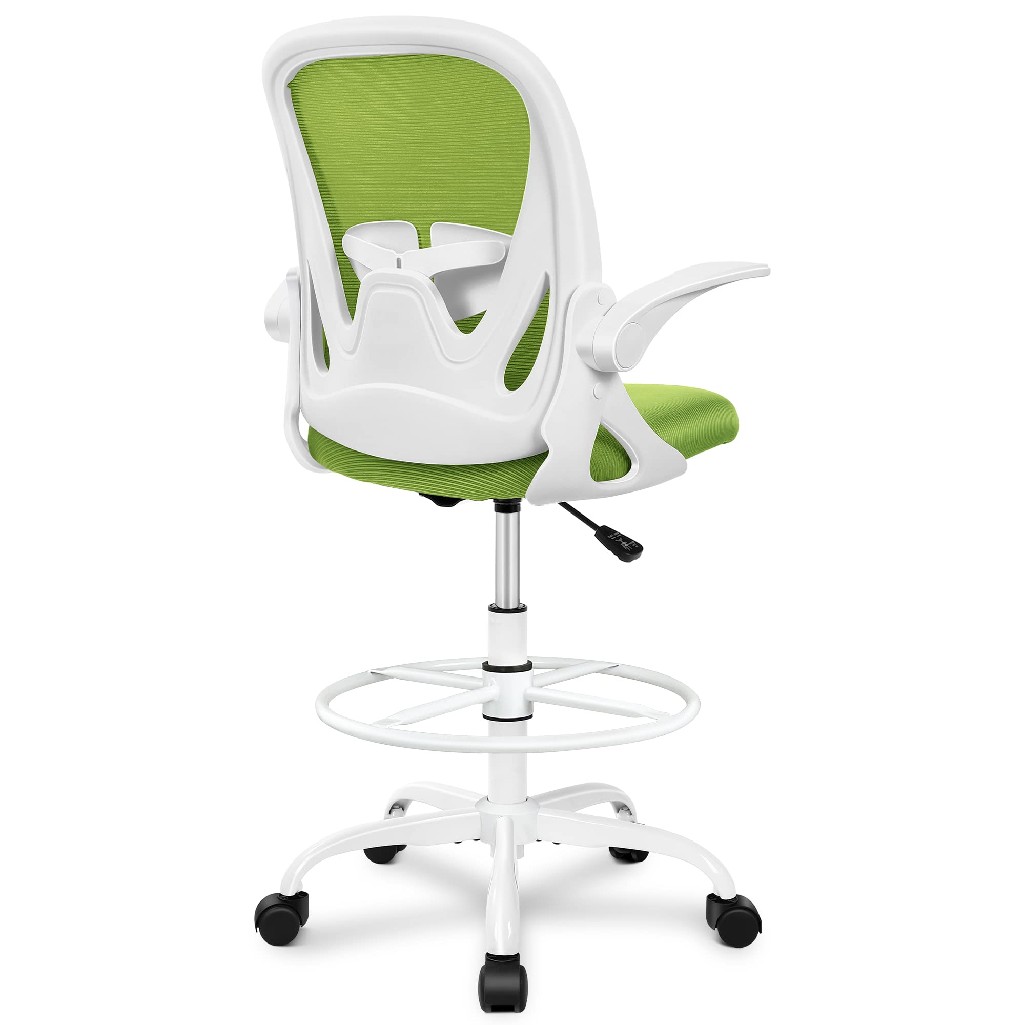 Drafting Chair Tall Office Chair with Flip-up Armrests Executive Ergonomic Computer Standing Desk Chair with Lumbar Support and Adjustable Footrest Ring (Green)