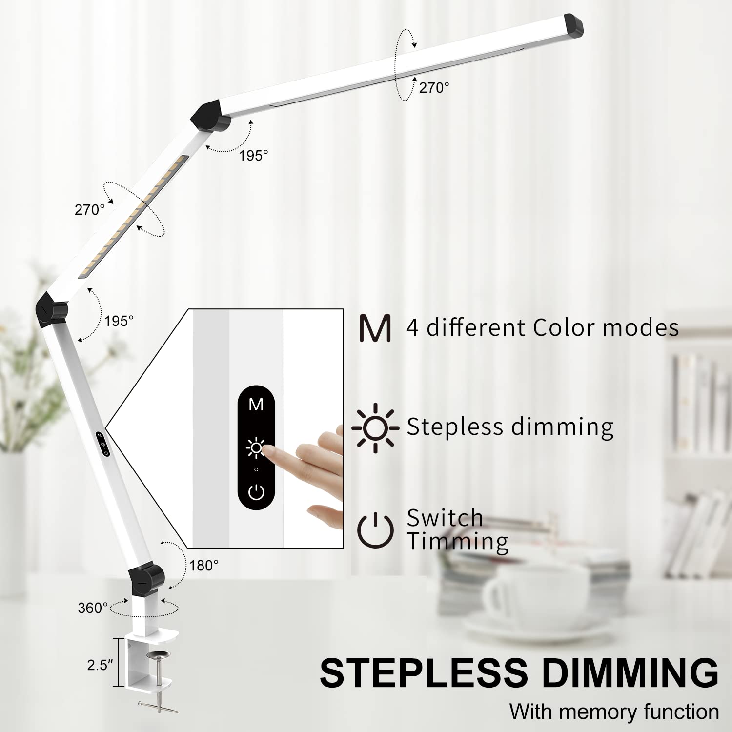 LED Desk Lamp with Clamp, Dual Light Table Lamp with Adjustable Swing Arm, Eye-Care 4 CCT Modes & 5 Brightness Levels Clip-on Architect Modern Desk Light for Home Office Crafting Sewing
