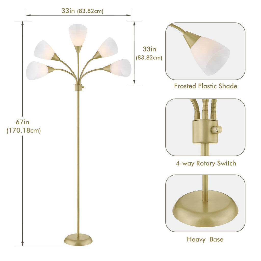 Medusa Modern Decor Floor Lamp, Multi Head Adjustable Gooseneck Bright Light Lamps for Reading, White Shades Tall Standing Tree Floor Lamps for Living Room Bedroom Office Kids Classroom, Gold