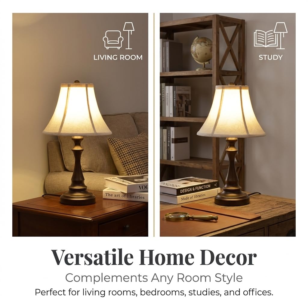 Traditional Table Lamp, Brown Farmhouse Desk Lamp with Fabric Shade