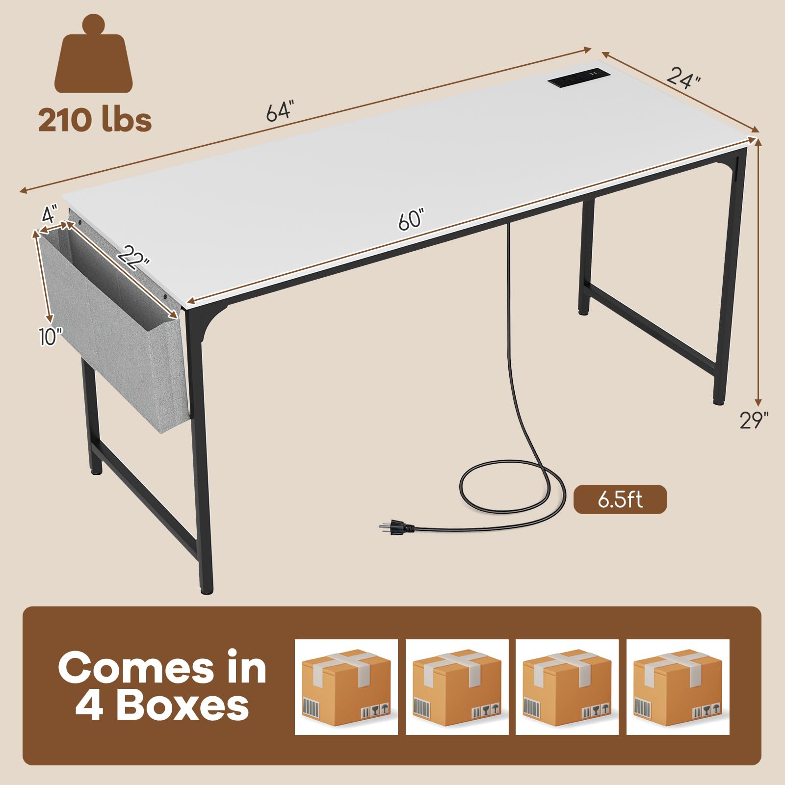 60" Conference Desk Set of 4, Modern Boardroom Desk with Storage Bag, Headphone Hook, Sturdy Metal Frame, Rectangular Seminar Table with Charging Station