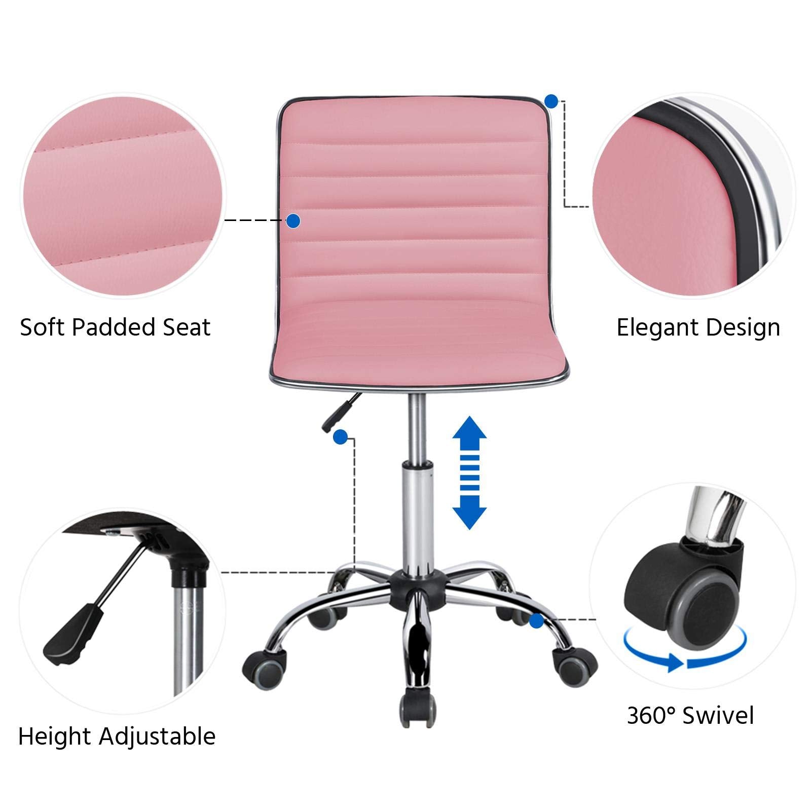 Pink Low Back PU Leather Ribbed Armless Office Chair, Ergonomic Swivel Task Chair with Wheels