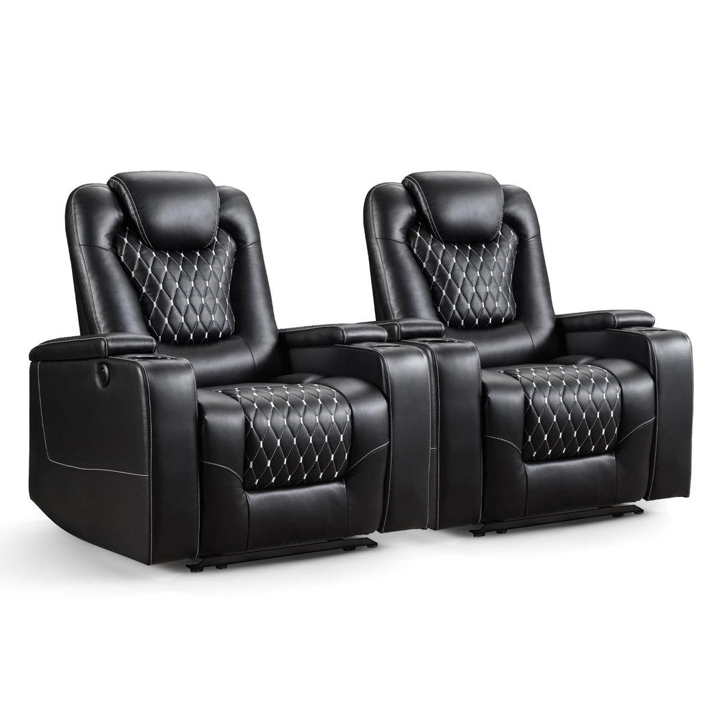 (Set of 2, Black) Power Recliner Chair with USB Ports and Cup Holders - Overstuffed Electric Home Theater Seating PU Leather Reclining Furniture with Hidden Arm Storage, Easy to Clean