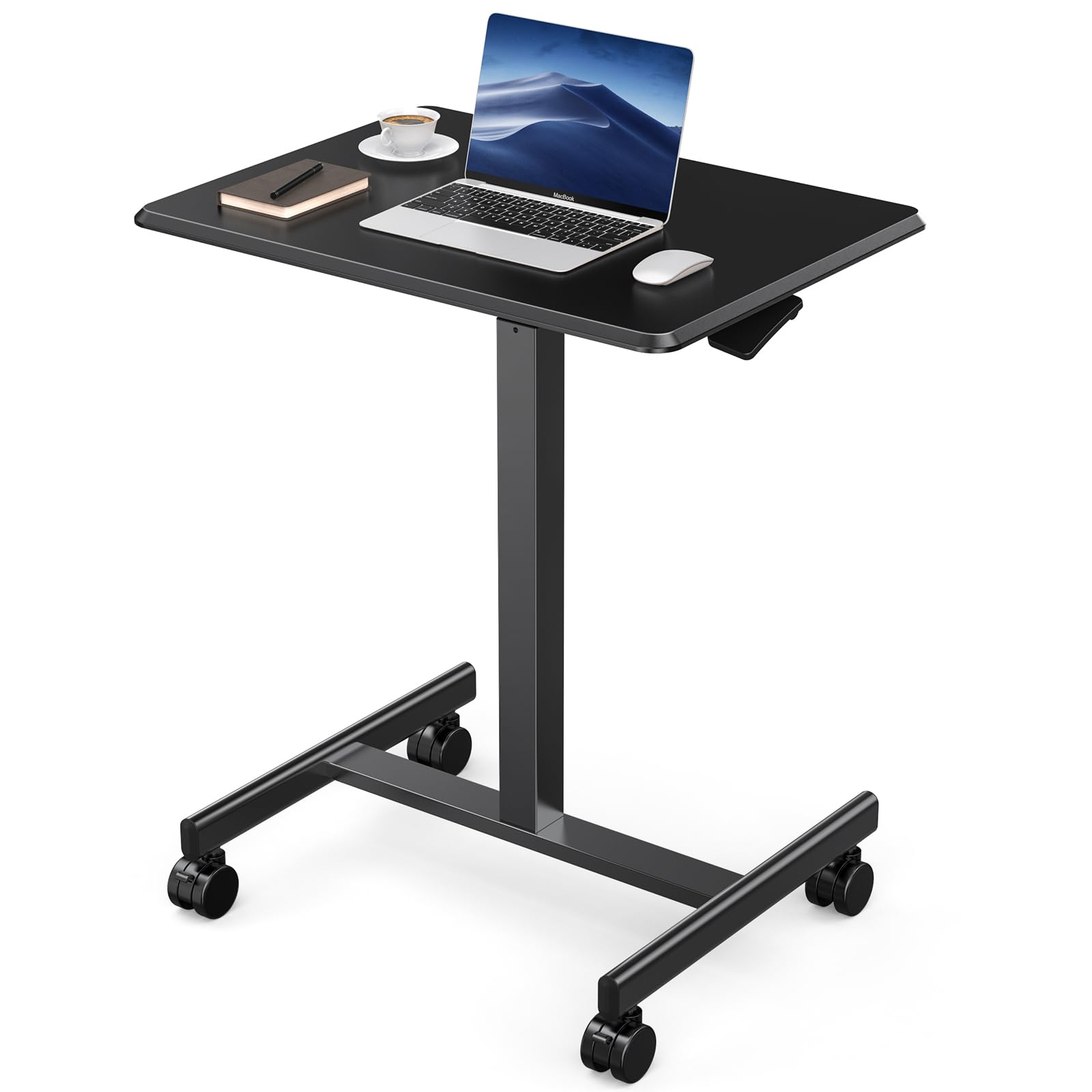 Small Standing Desk Mobile Portable Rolling Laptop PC Table on Wheels Adjustable Height Computer Workstation for Home Office, Space Saving Desk for Bedroom Study Use, 19 Inch, Black